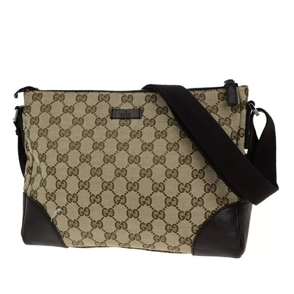 GUCCI Logo GG Pattern Crossbody Shoulder Bag Canvas Leather Brown Italy 37YG699 - Picture 1 of 14
